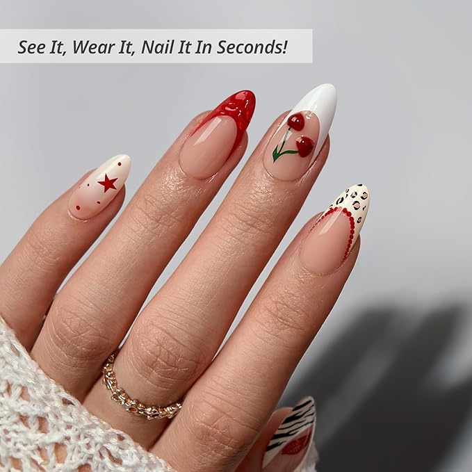 BTArtbox Press On Nails Almond - 3D Cherry Medium Red French Tip Press On Nails with Glue for Women, Opaque Soft Gel Glue On Nails in 15 Sizes - 30 Stick On Nails Kit, Pinky Swear