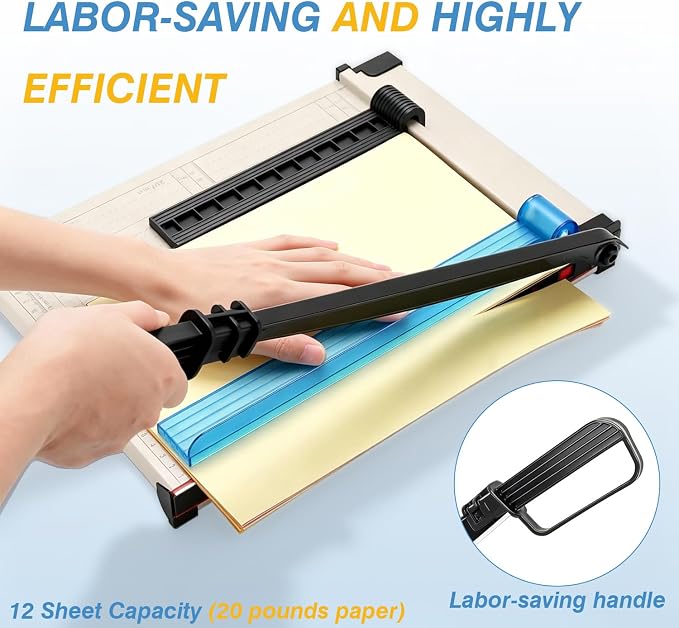Paper Cutter, 12" Cut Length Guillotine Trimmer, Paper Cutting Board with 10 Sheet Capacity Papers, Metal Base Papers Slicer with Safety Guard for Classroom Office Home Cardstock Crafts & Photo