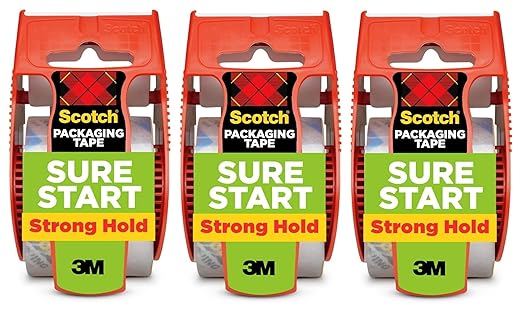 Scotch Sure Start Packing Tape, Clear, Quiet Unwind and Easy Start, Moving Supplies, 1.88 in. x 22.2 yd., 3 Tape Rolls with Dispensers
