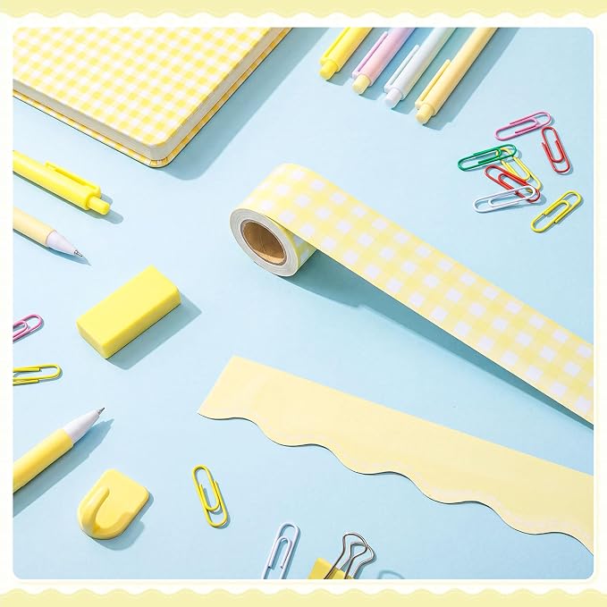 2 Rolls 65.6ft Marcaron Yellow Gingham Bulletin Board Borders Decoration Yellow Checkered and Straight Edge Bulletin Borders Board Trim for Office School Classroom Chalkboard Party Decoration