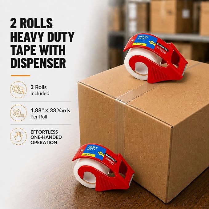 Clear Packing Tape with Dispenser, 2 Pack Shipping Tape Rolls with Cutter | 1.88" x 33 yd Portable Shipping Tape Roll, Easy Cut Packaging Tape for Moving Boxes, Mailing, Storage, Office and Home Use