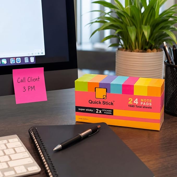 Sticky Notes, 24 Pads, 1680 Sheets Total, 3x3 in Bright Neon Colors, 2X Super Sticky Self-Stick Note Pads for Office, School, Home, Bulk Pack 70 Sheets Per Pad, Strong Hold Memo Notes