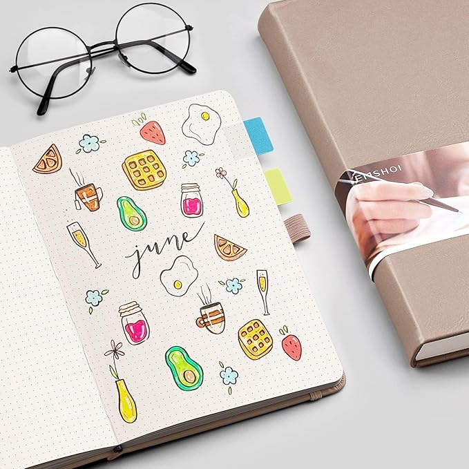 EMSHOI Dotted Journal Notebook, 256 Pages, 120 GSM Thick Paper, A5 Small 5.75"x8.38", PU Leather Hardcover, 5mm Dot Grid Notebook for Journaling, Planning, Drawing, Writing, Khaki