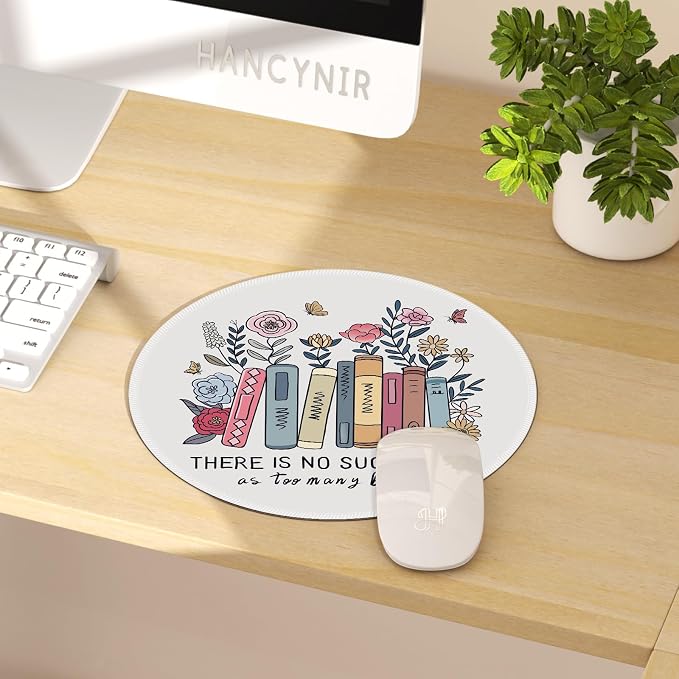 Hancynir Book Floral Round Mouse Pad, Small Cute Mousepad for Office Desk | Mouse Mat for Computer, Non-Slip Rubber Base, Office Desk Decor, Gifts for Work Coworker Teacher, 8.6 Inch, Stitched Edges