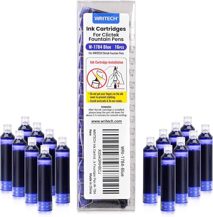 WRITECH W-1784 Cartridge Blue Ink: 16ct for Clictek Fountain Pen | Refillable Design Ink Cartridges Only for WRITECH Clictek Fountain Pens, Blue or Black Available, No leaking Smooth Writing