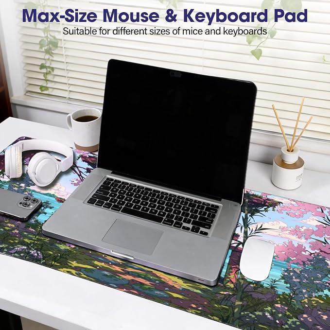 Large Extended Mouse Pad with Stitched Edges 35.4"x15.7" - Waterproof Desk Mat, Non-Slip Rubber Base for All-Desk Coverage, Perfect for Gaming Office Home, Sakura