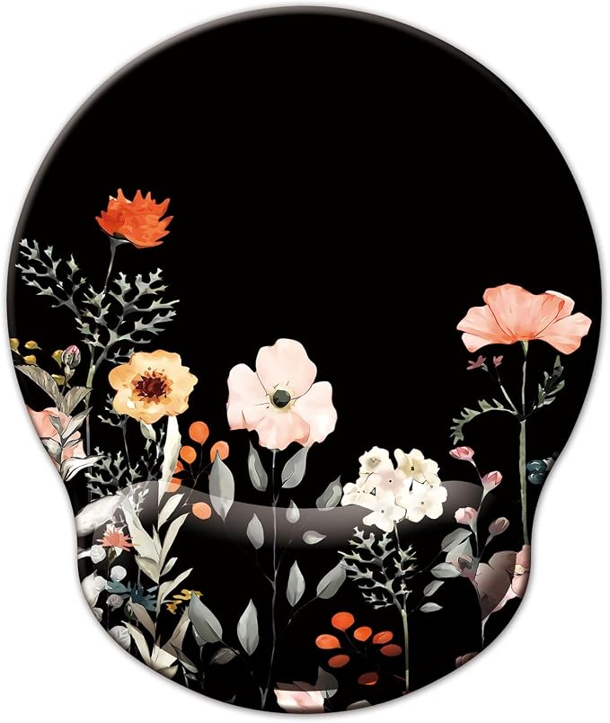 Mouse Pad with Wrist Support, Ergonomic Mouse Pad with Memory Foam Wrist Rest Cushion, Non-Slip Rubber Base Gaming Mice Pad for Home Office Computer Laptop, Flower Black