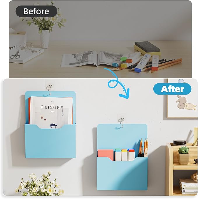 Marbrasse Magnetic File Holder - Magnetic Paper Holder, Pocket Organizer Office Supplies Storage Mail Organizer for Notebooks,Planners,Letter (Blue)