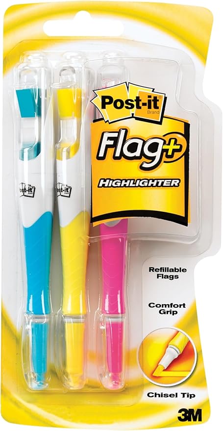 Post-it Flags + Highlighter 3 Pack, 50 Color Coordinated Flags/Highlighter, Yellow, Pink, Blue (689-HL3) - 3 Pack, 9 total count