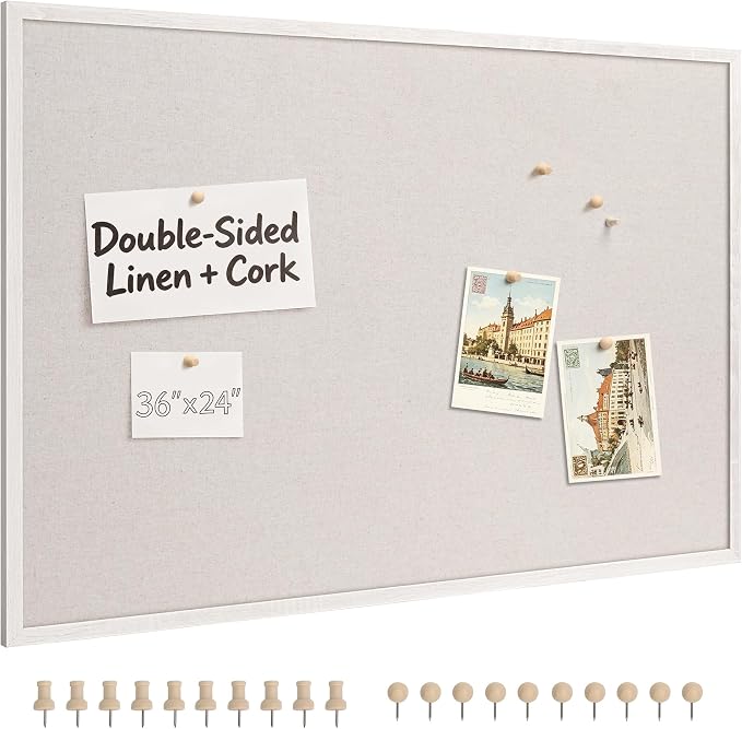 SELEAD Double-Sided Linen and Cork Bulletin Board (36”x24”, Oatmeal White) | 2-in-1 Fabric Linen & Cork Pin Board, White Wood Frame Wall Decor Photo Display Vision Board for Home Family, Office, Kitchen