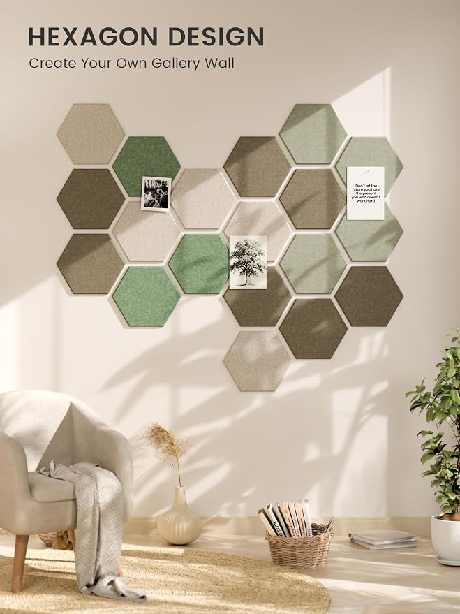 Fluxynara 12-Pack Hexagon Felt Bulletin Board Tiles, Moss Haven | Cork Board Alternative with 60 Adhesive Tabs for Notes, Photos and Reminders in Home Offices, Dorm and Classrooms