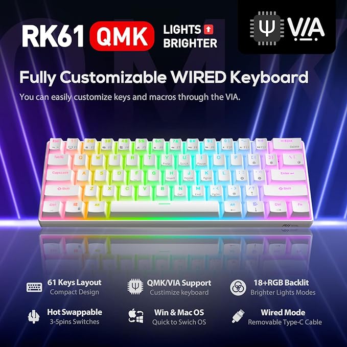 RK ROYAL KLUDGE RK61 Wired 60% Mechanical Gaming Keyboard Programmable QMK/VIA RGB Backlit 61 Keys Ultra-Compact Hot Swappable Brown Switch White