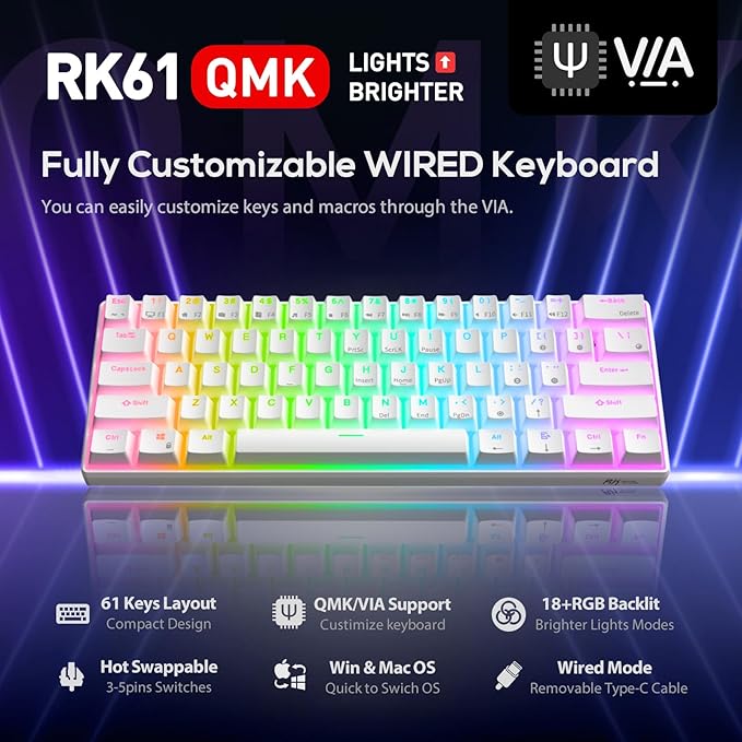 RK ROYAL KLUDGE RK61 60% Gaming Keyboard, Wired RGB Mechanical Keyboard with No-Conflict 61 Keys, Hot Swappable PC Game Keyboards for Windows Mac, Quiet Red Switch-White