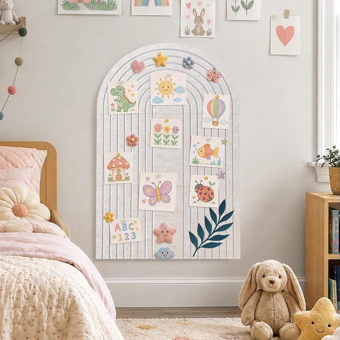 Large Arched Felt Bulletin Board, Stylish Sized 36" x 24" Cork Board Alternative with Grooved Pin Board for Office & Wall, 3 Foldable Customizable Adhesive Tiles with Pins for Photo Display, Oatmeal