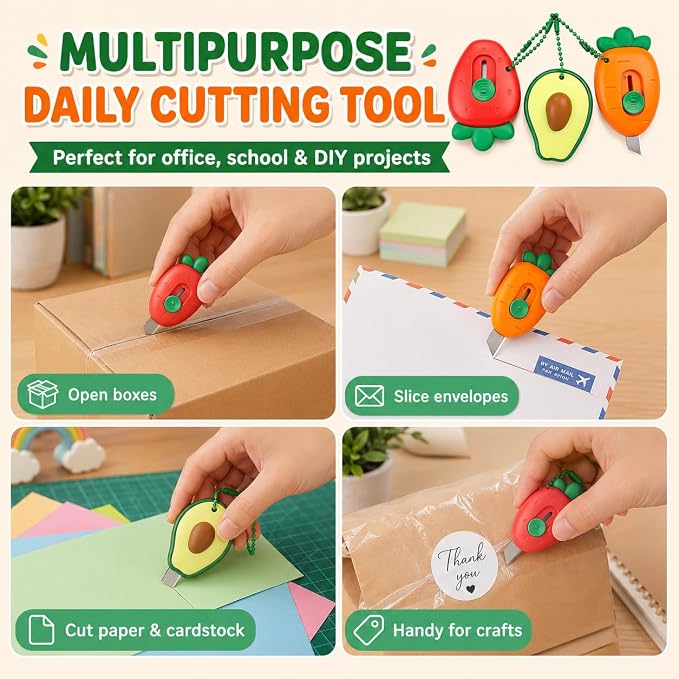 3Pcs Mini Fruit Shaped Retractable Utility Knife Box Cutter Letter Opener Portable Utility Knives Art & Craft Cutter Office School Stationery for Students, DIY Crafts, Cutting Envelope Paper Cardboard