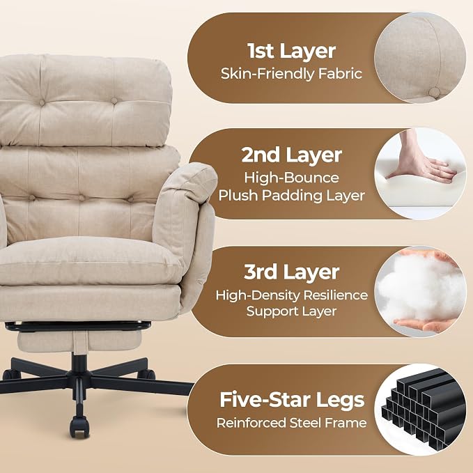 Criss Cross Office Chair with Foot Rest, Big and Tall Office Desk Chair with Flip Armrests for Pets & Cross Legged Sitting, Comfy Executive Ergonomic Reclining Computer Gaming Vanity Chair, White
