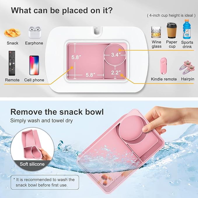 Tablet Pillow Stand for Lap Use with Snack Bowl and 360° Rotating Arm, Adjustable iPad Holder for Bed, Couch, and Recliner, Compatible with 4.7"-13" Kindle, iPad, Tablet, Phone,Pink