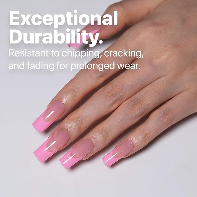 SXC Cosmetics French Tip Press On Nails 150 Pieces in 15 Sizes Ultra Fit with Pre-applied Tip Primer and Base Coat, No Need to File Fake Nails for Nail Art DIY X-Pro Tips (5PINK117-M Square)