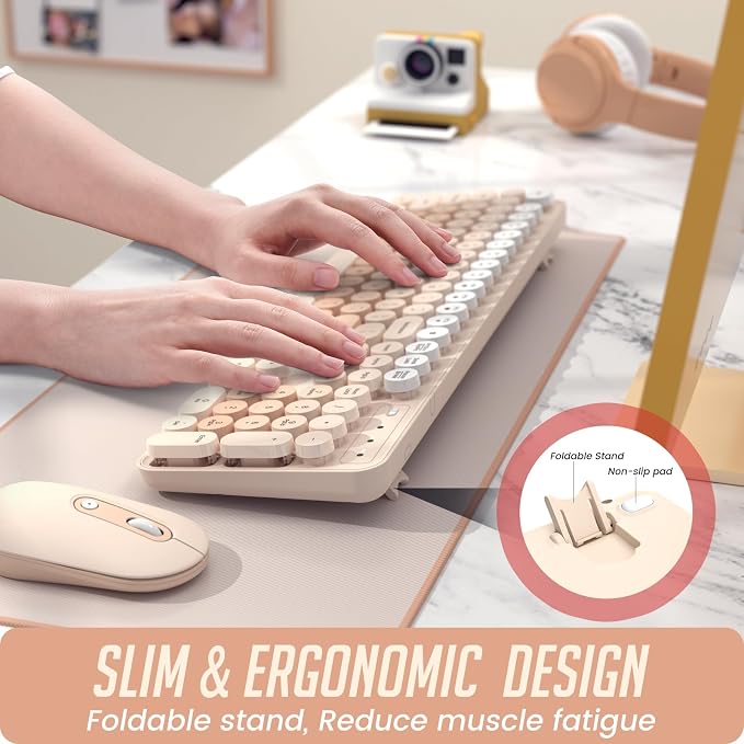 Wireless Keyboard and Mouse, Full-Sized Typewriter Keyboard Silent, Creamy | USB Full-Sized Quiet Keyboard, Cute Colorful Round Keycaps, Plug & Play, Compatible with PC, Computer, Laptop