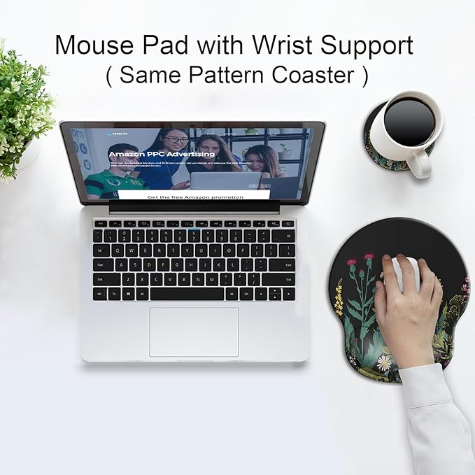Ergonomic Mouse Pad with Wrist Support Rest,Large Mousepad Gel Wrist Rest, with Coaster Non-Slip & Pain Relief for Computer, Desk, Home&Office-Flowers2