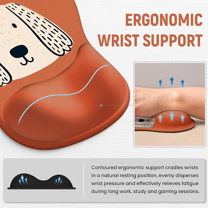 Ergonomic Mouse Pad with Wrist Rest, Gel Wrist Support, Brown Puppy | 10.2 x 7.6 in Mouse Pad with Smooth Fabric Surface and Non-Slip Rubber Base for Office, Home, Study, and Gaming