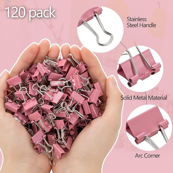 120 Pack Mini Binder Clips, Binder Clips, Small Paper Clips 15mm 5/8 Inch. Micro Size Office Clips for Home School Office and Business (Pink)