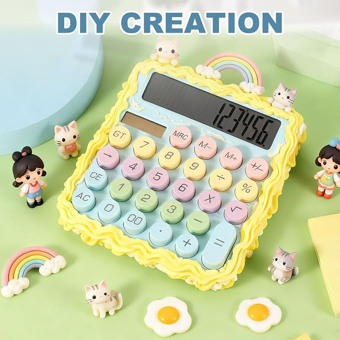 PATIKIL Cute Calculator, Desk Calculator Basic Big Button 12 Digit Large Display Mechanical AAA Battery Solar Power for Office Supplies Girl Female Woman Gift, Beige