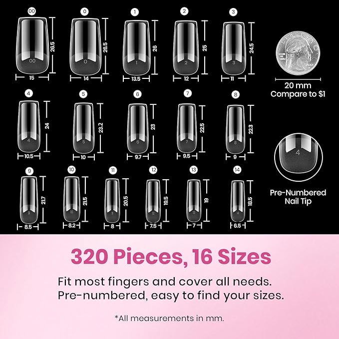 Beetles Gel Nail Tips Flat-X- Square Medium, 320pcs 16 Sizes(00-14), Pre-Etched Half Matte Full Cover Soft Gel Nail Tips, Clear Press on False Nail Extension Acrylic Fake Nails, Easy DIY Salon Art