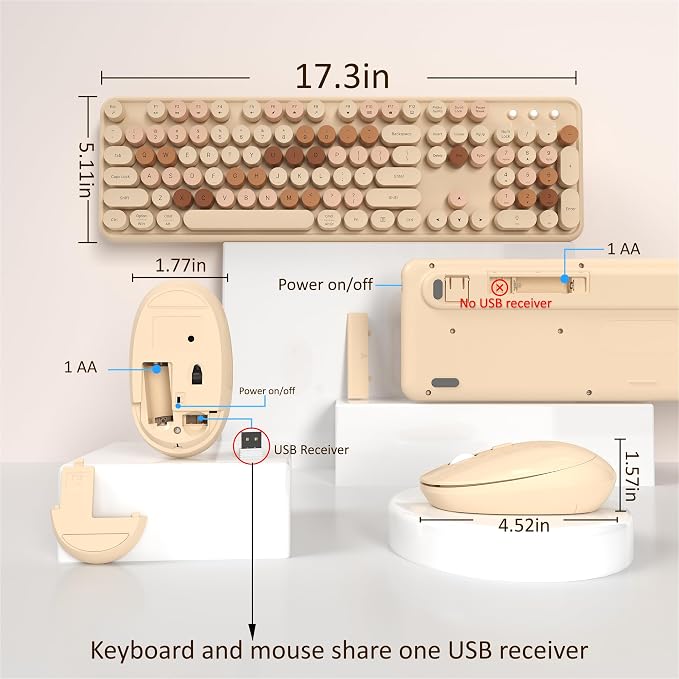 Links9+ Colorful Wireless Keyboard and Mouse Combo (Milky Tea Colorful) | Full-Size Retro Typewriter Style Keyboard with Vintage Round Keycaps, 2.4G Wireless Set for Windows, Mac, Laptop, PC, Desktop