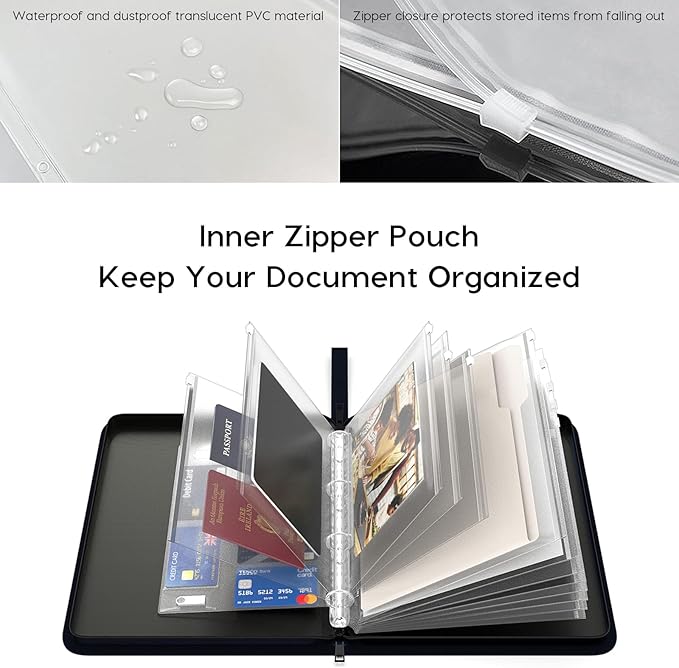 Important Document Organizer Zipper Binder,Fireproof Document Bag for Birth Certificate Protector, Waterproof Bill Organizer in Case I Go Missing Binder for Home Safe, 4 Ring Receipt Holder(Blue)