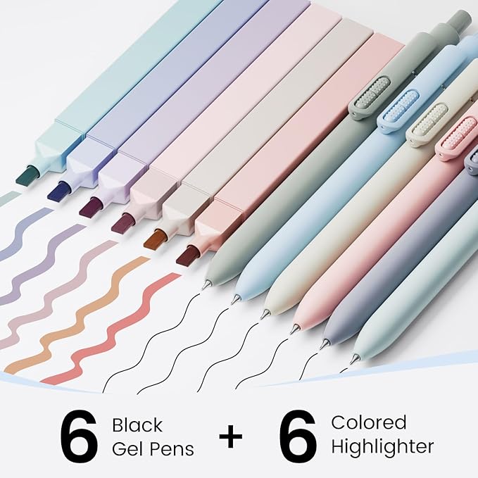 6 Pcs Fidget Pens & 6 Highlighters, 0.7mm Black Ink Quick-Drying | 0.7mm Fine Point, Smooth Writing, Long-Lasting Ink, Stress Relief Pens for Journaling, School Office, Gift for Women Men