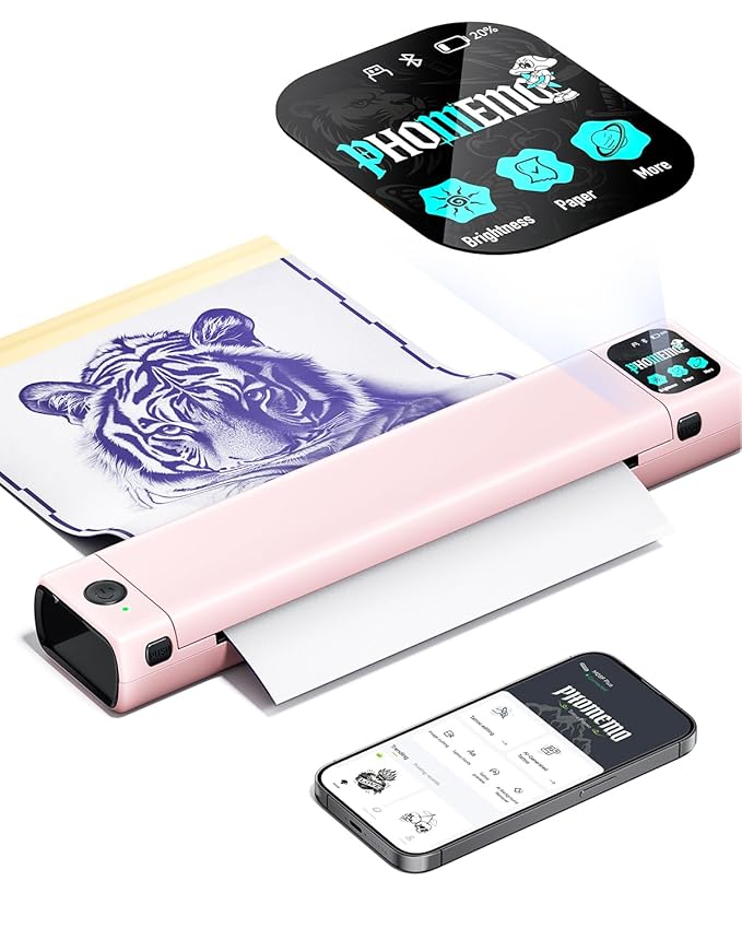 Phomemo M08F Plus Tattoo Stencil Printer with Touchscreen, Bluetooth Tattoo Printer Machine with 10pcs Transfer Paper, Compatible with Phone, Tablet, PC, Tattoo Supplies for Professionals, Pink