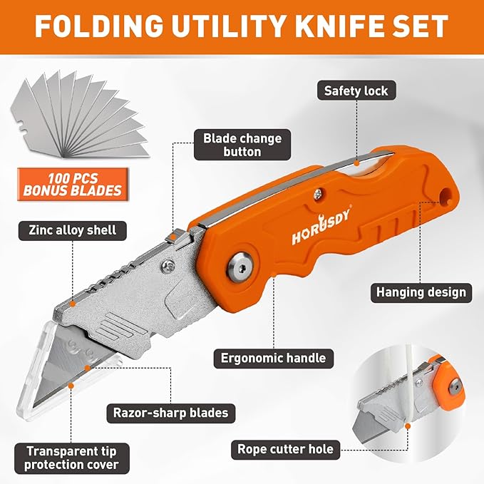 HORUSDY 20-Pack Folding Utility Knife Set, Heavy-Duty Box Cutters with 100 Extra Razor Blades, Quick-Change Foldable Knives for Drywall, Carpet, Boxes, Color-Coded Handles for Jobsite & Home Use