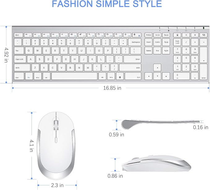 Vssoplor Wireless Keyboard and Mouse, Rechargeable Ultra Slim, White Silver | Quiet Full-Size Keyboard and Mouse Combo Set, for Laptop, PC, Notebook, Desktop, 2.4GHz Stable Connection, Ideal for Office