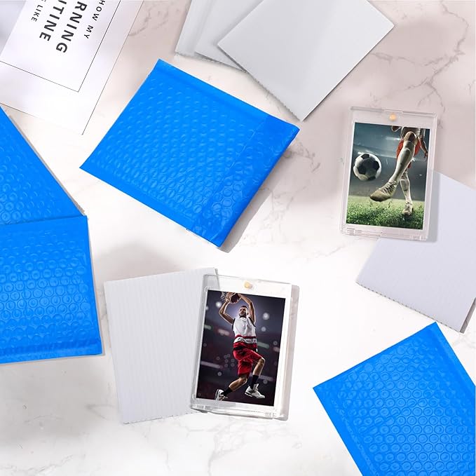 302 Pcs Trading Card Shipping Protector Set Include 200 Precut Plastic Inserts Card Mailers 100 Poly Bubble Mailers Padded Envelopes and 2 Masking Tape(Blue,5.1 x 5.9 Inch)