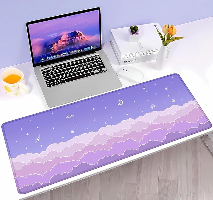 Cute Pastel Purple Desk Mat, Minimalist Large Gaming Mouse Pad Mousepad for Laplop, Kawaii Anime Desk Pad, Gradient Clouds Computer Pads, Aesthetic Stars Moon Deskpad, 31.5 X 11.8 Inch
