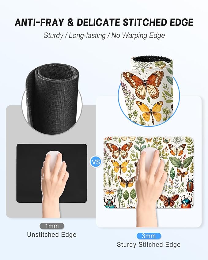 Mouse Pad, Cute Mouse Mat, 10" x 8", Flower Butterfly | Square Waterproof Gaming Computer Mat, Textured Top, Stitched Edges, Non-Slip Rubber Base for Office Home Laptop Keyboard