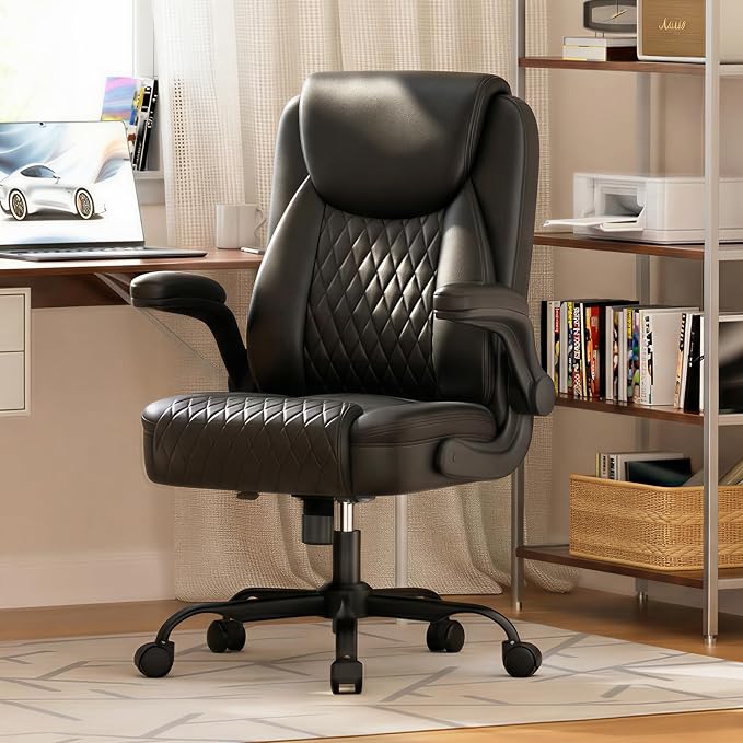 GTPLAYER PU Leather Office Chair, Home Desk Chair with Flip-up Arms, Black | Ergonomic Back, Comfy Executive Chair for Home Office Gaming, Flexible Rocking, Heavy Duty Chairs