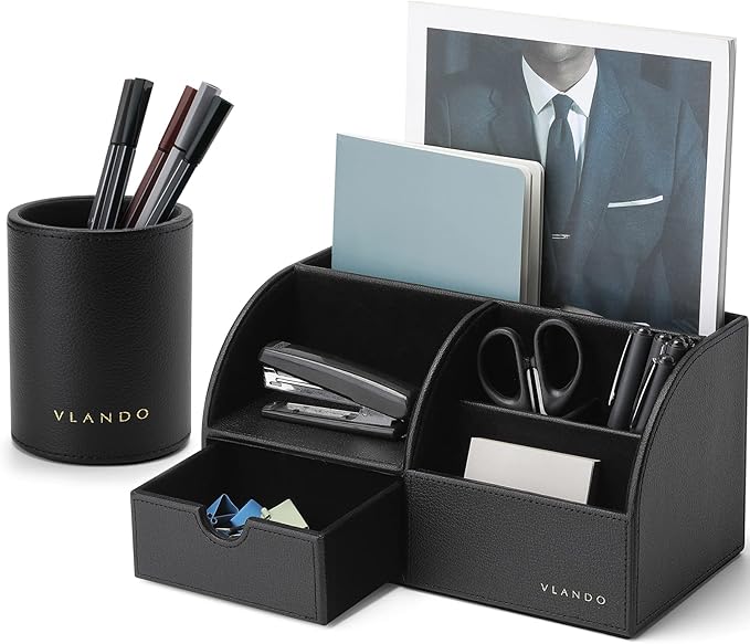 Vlando Office Desk Organizer Leather Desktop Organizer Caddy with Drawer for Storing Desktop Supplies and Accessories (Black Set)