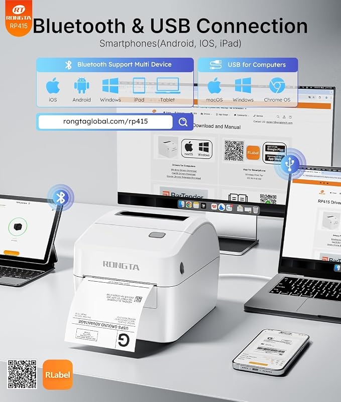 Rongta Bluetooth Shipping Label Printer RP415, Wireless 4x6 Thermal Label Printer for Shipping Packages, Small Business, Home, Office, Compatible with E-Commerce Platform