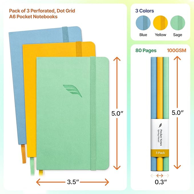 Roterunner A6 Pocket Notebook (Spring Pastel) 3 Pack 3.5x5.5 Dotted Mini Notebook Journal 100Gsm Perforated Paper, Work Gym Travel Journal Notebook, Leather Small Notebook Numbered with Notes Index