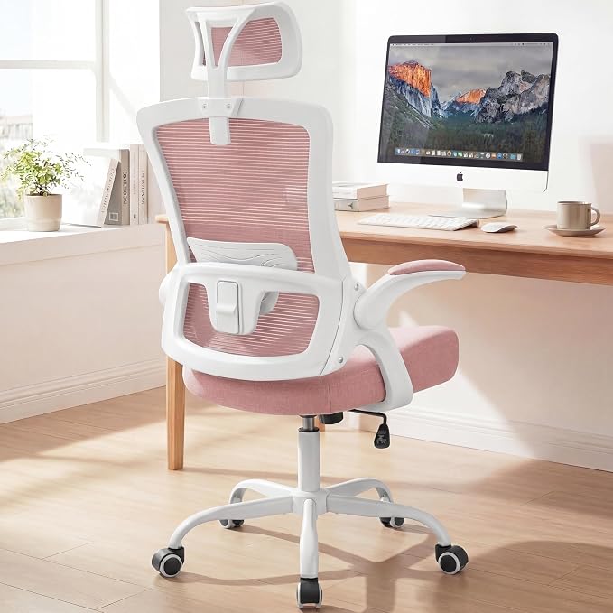 NEO CHAIR Office Chair with Adjustable Ergonomic Lumbar Headrest, Pink | Ergonomic Mesh Back Support with a Height-Adjustable Headrest and Flip-Up Armrests for All-Day Office and Computer Work