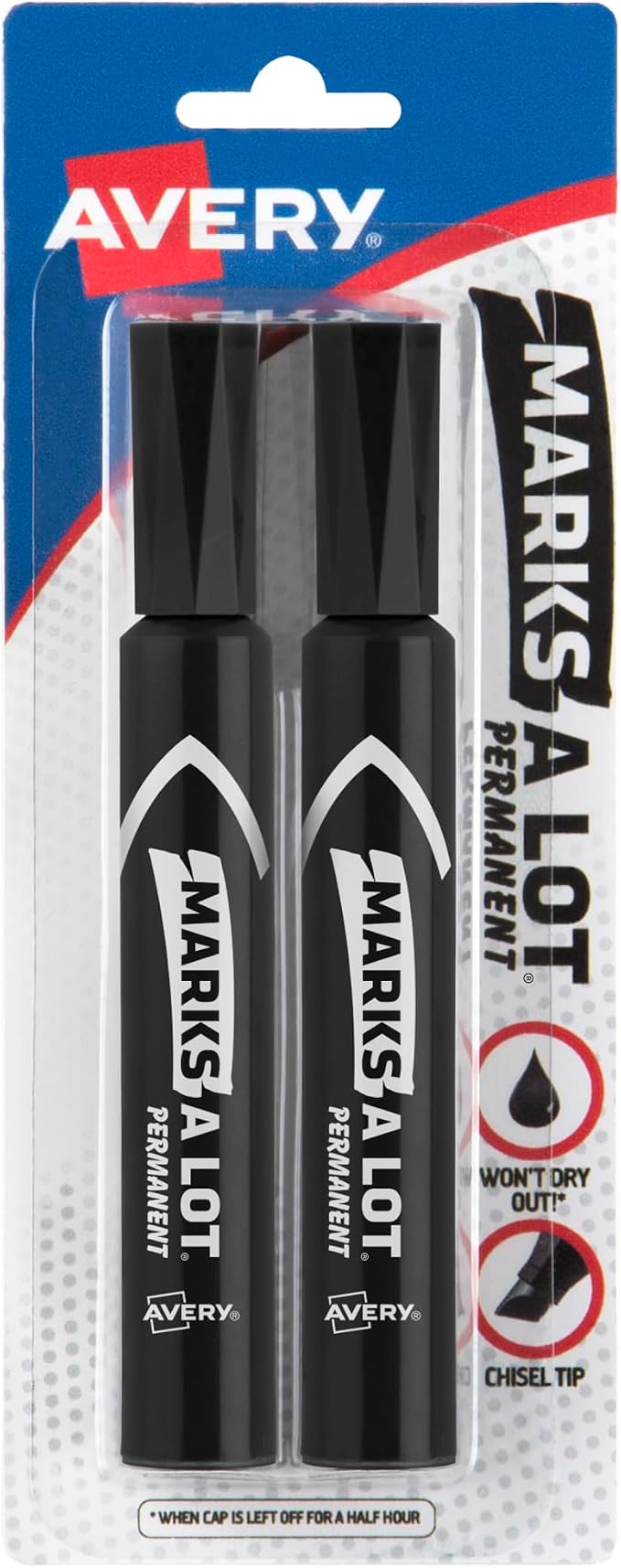 Avery Marks-A-Lot Permanent Markers, Regular Desk-Style Size, Chisel Tip, Water and Wear Resistant, 2 Black Markers (07902)