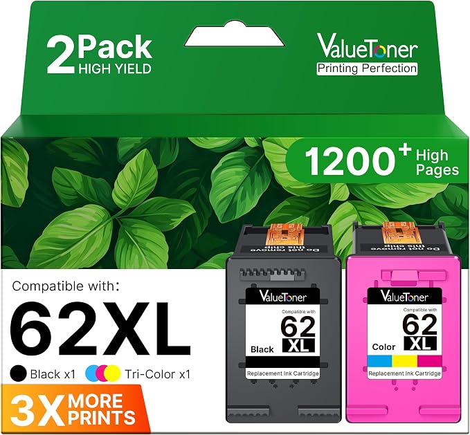62XL Ink Cartridges for HP Ink 62 for HP 62XL Ink Cartridge Combo Pack | Works with Envy 7640 7645 5660 5540 5640 7644 OfficeJet 5740 5741 8040 OfficeJet 200 250 258 Series (2-Pack, 1 Black 1 Color)