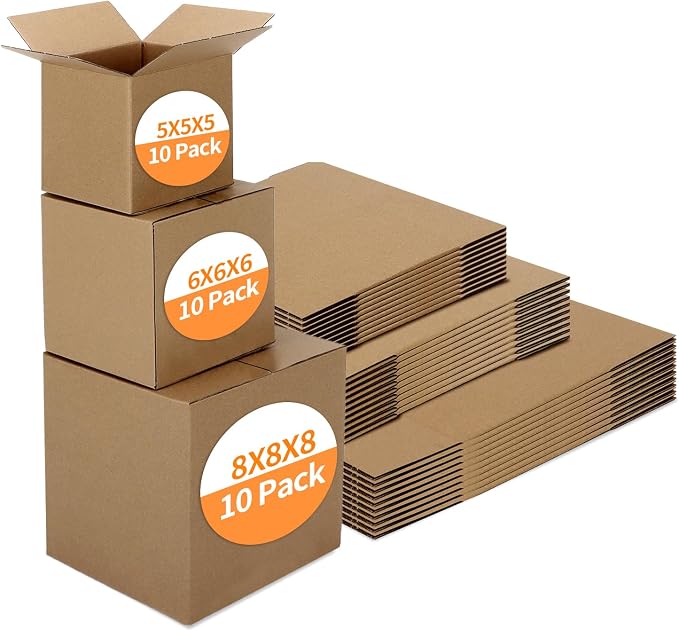Hoikwo 30 Packs Shipping Boxes Mixed Sizes | 10 PCS Each of 8x8x8, 6x6x6, 5x5x5, Brown Cardboard Box for Small Business Packaging and Mailing