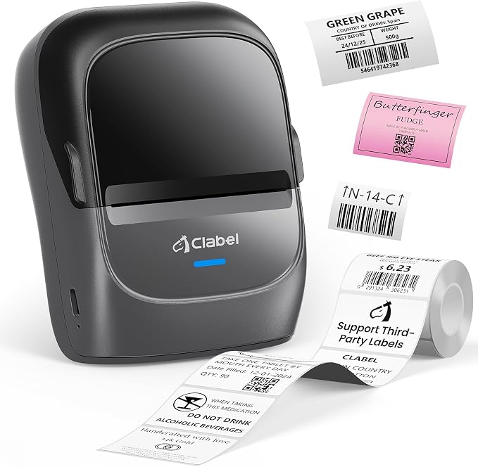 CLABEL 221B 2" Bluetooth Thermal Label Maker Printer, for Small Business | Inkless Sticker Maker, with 1 Roll, Barcode/Address Labels, Price/Gift Tags, Lightweight, Grey, for Retail/Office/Home/Craft