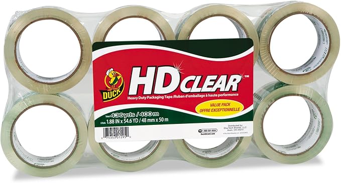 Duck Brand HD Clear Heavy Duty Packaging Tape; 1.88 Inches x 54.6 Yards, Clear, 8 Pack (282195)
