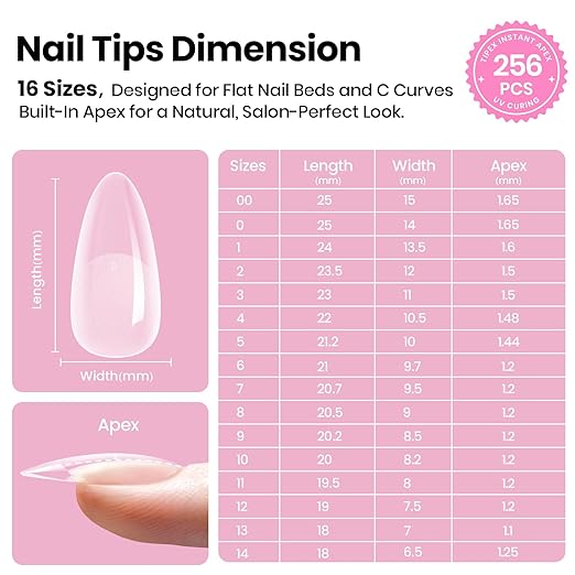 Beetles Tipex Lite Pre-Built Apex Gel Nail Tips, Almond Medium, 256pcs Value Pack, 16 Sizes, Flat-Nail Friendly Acrylic Tips for Natural Nail Beds, Easy for Beginner DIY