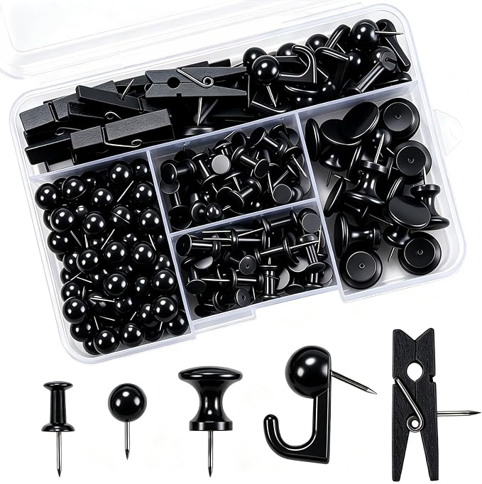 200 Pcs Black Push Pins for Bulletin Board, 5 Style Thumb Tacks for Cork Board, Decorative Pushpins for Wall Maps, Photos, Office, Classroom and Back to School Supplies (Black)