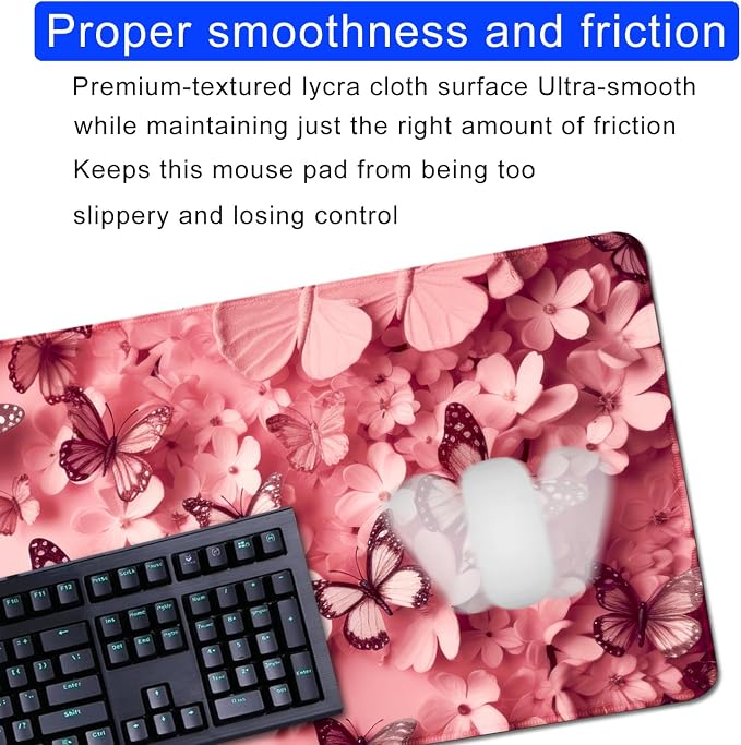 Pink Butterfly Mouse Pad Desk Mat Large Mouse Pads Desk Pad Computer pad | Stitched Edges Rubber Non-slip Girls Office Study Gaming XL Long Extended for Keyboard Laptop PC